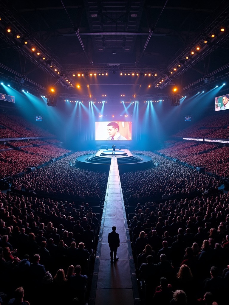 A vibrant concert atmosphere at Madison Square Garden with Travis Scott performing. A view from above showcases the central stage designed in a 360 format. The crowd is densely packed, creating an electric atmosphere. Dynamic lighting enhances the visual experience. Large screens display performer visuals and audience engagement.