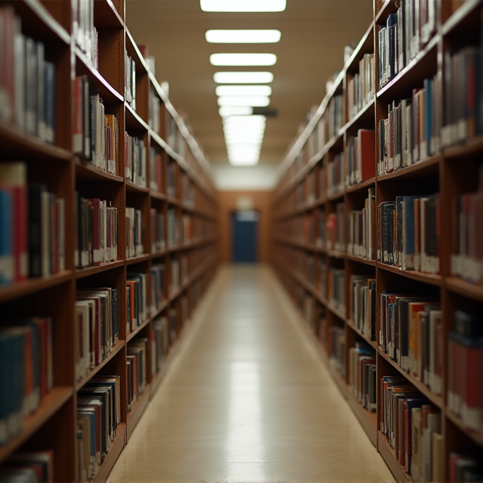 A library aisle with bookshelves on both sides filled with books, stretching into the distance under fluorescent lights.