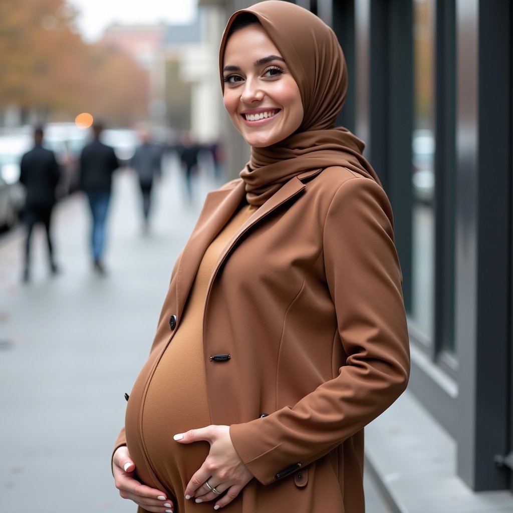 Stylish pregnant woman stands in urban setting. Wears brown hijab and elegant attire. Smiles warmly at the camera.