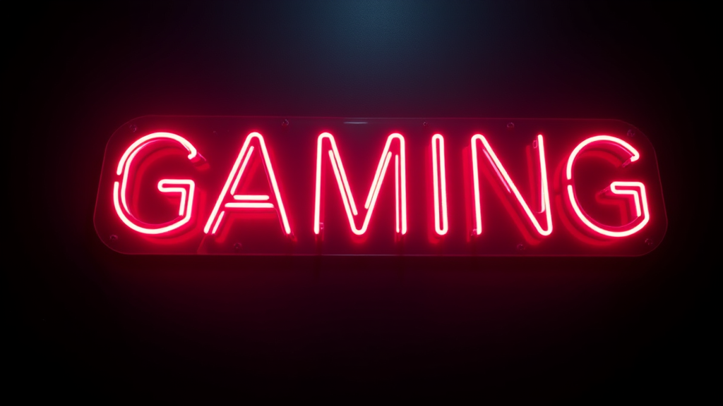 A bright pink neon sign spells out the word 'GAMING' against a dark background.