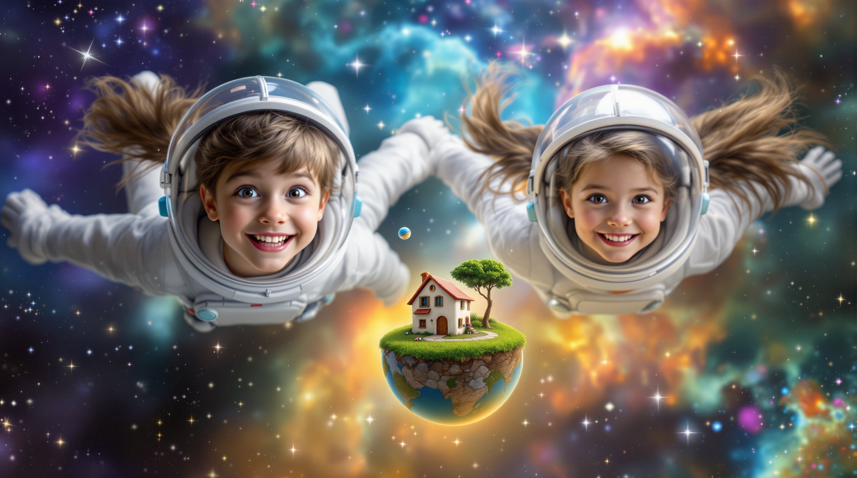 Two children float in space wearing astronaut suits. They reflect excitement and joy. A tiny green planet with a house is at the center. The backdrop is star-filled and colorful. It embodies childhood imagination and exploration.