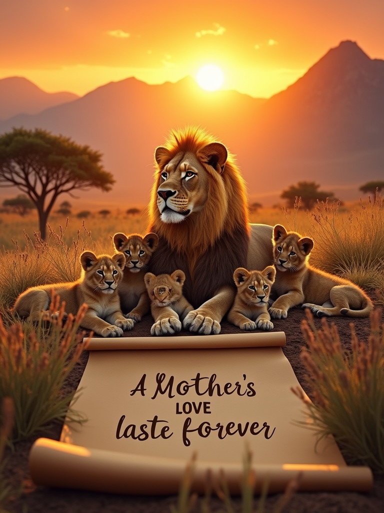 Breathtaking sunset scene featuring a majestic lioness with her adorable cubs. The family is nestled against a backdrop of towering mountains. The setting sun casts a golden hue on the landscape. A scroll in the foreground has the message 'A MOTHER'S LOVE LASTS FOREVER.' The image evinces love and unity.