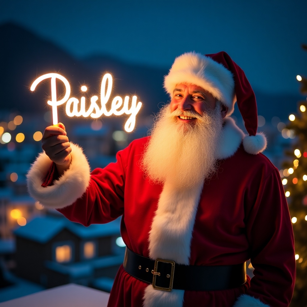 This image captures the essence of Christmas with Santa Claus dressed in his iconic red and white outfit. He joyfully holds a glow stick spelling 'Paisley,' casting a festive light. Santa's hearty smile radiates warmth and holiday cheer. Behind him, a picturesque town is aglow with holiday lights, creating a magical nighttime ambiance. The starry sky adds to the enchanting atmosphere, making it a perfect representation of the season.