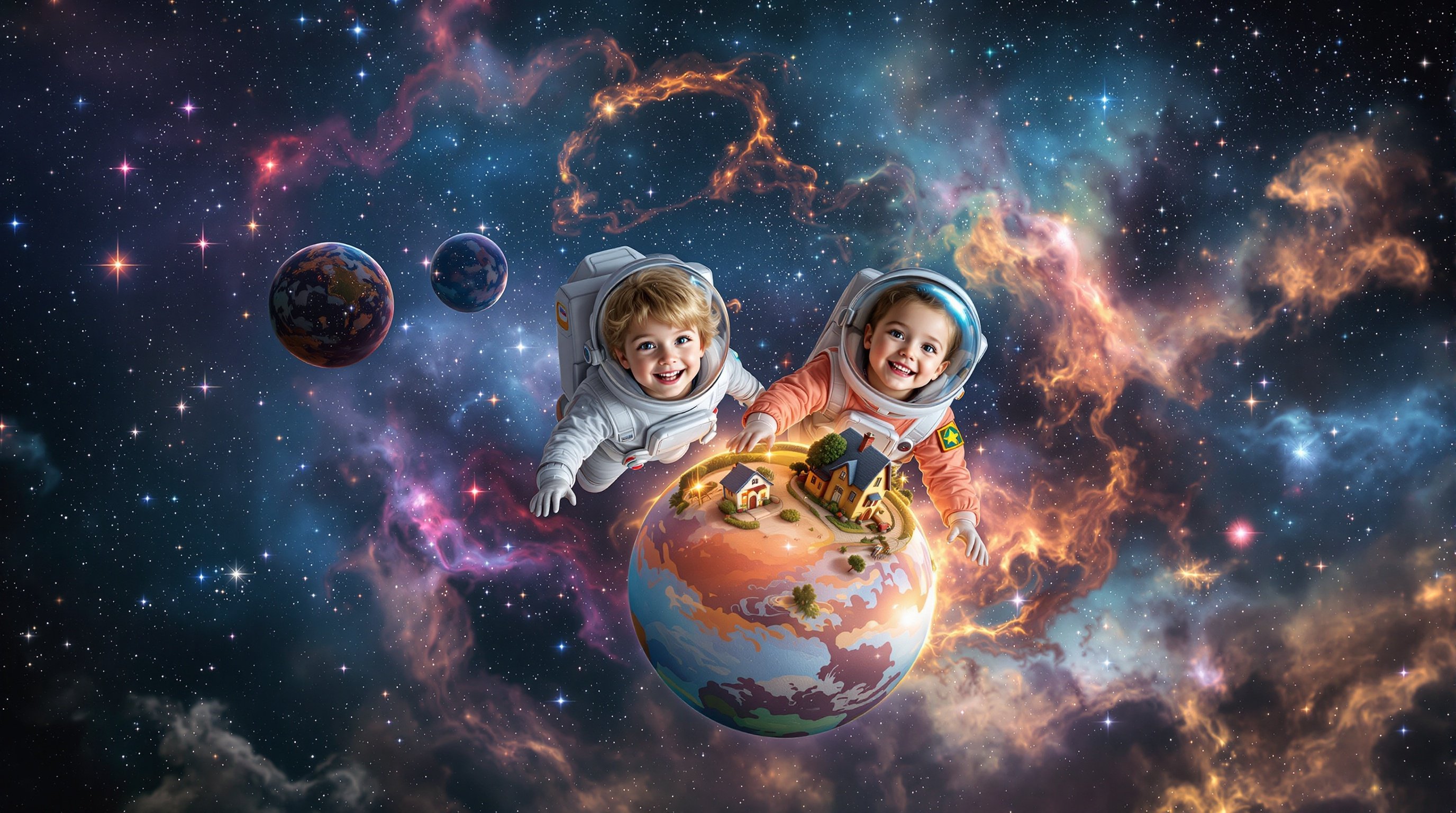 Create a scene that captures the joy of childhood imagination. Show a happy boy and girl in astronaut suits floating in space. Eyes wide with excitement. Centered is a tiny planet with a house. The backdrop features stars and colorful nebulae. The children express delight and curiosity.