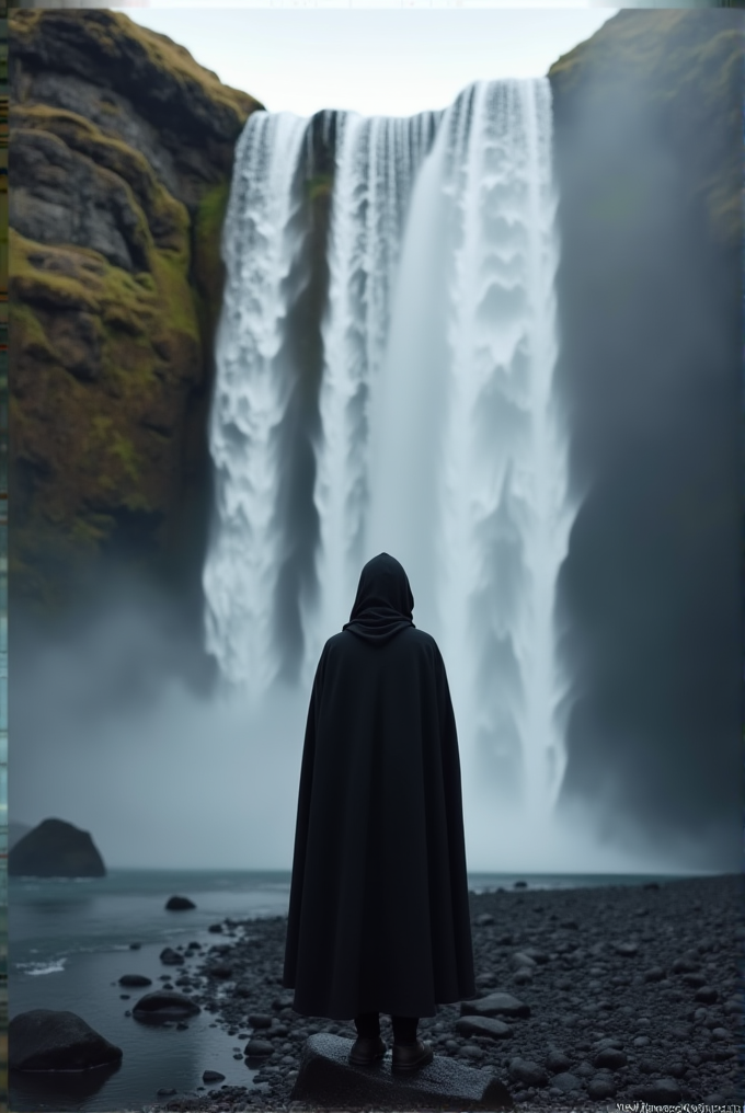 A solitary figure in a dark cloak stands on a rock before a majestic, misty waterfall cascading down towering cliffs.