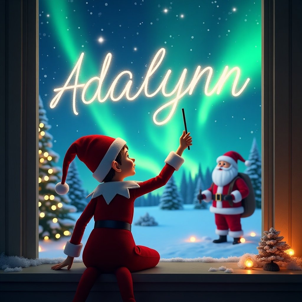 This image features a whimsical scene perfect for the Christmas season. An elf is depicted with his back to the viewer, sitting on a window sill. He is using a magic wand to elegantly write the name 'Adalynn' in the vibrant sky filled with northern lights. In the background, Santa is seen in a festive winter landscape, adding to the magic of the moment. The entire atmosphere is warm and inviting, evoking feelings of holiday cheer and wonder.