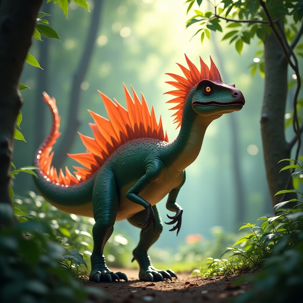 A colorful, cartoonish dinosaur stands in a lush forest. The dinosaur has spikes on its back and a friendly expression. Sunlight filters through the trees, creating a magical atmosphere.