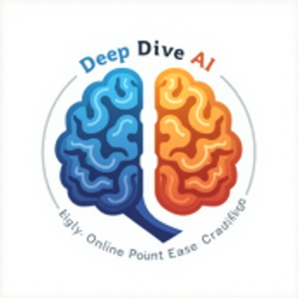 Round logo featuring a brain design. Brain split into left and right hemispheres. Left side blue, right side orange. White outline around the brain. Background is plain white. Label: Deep Dive AI.