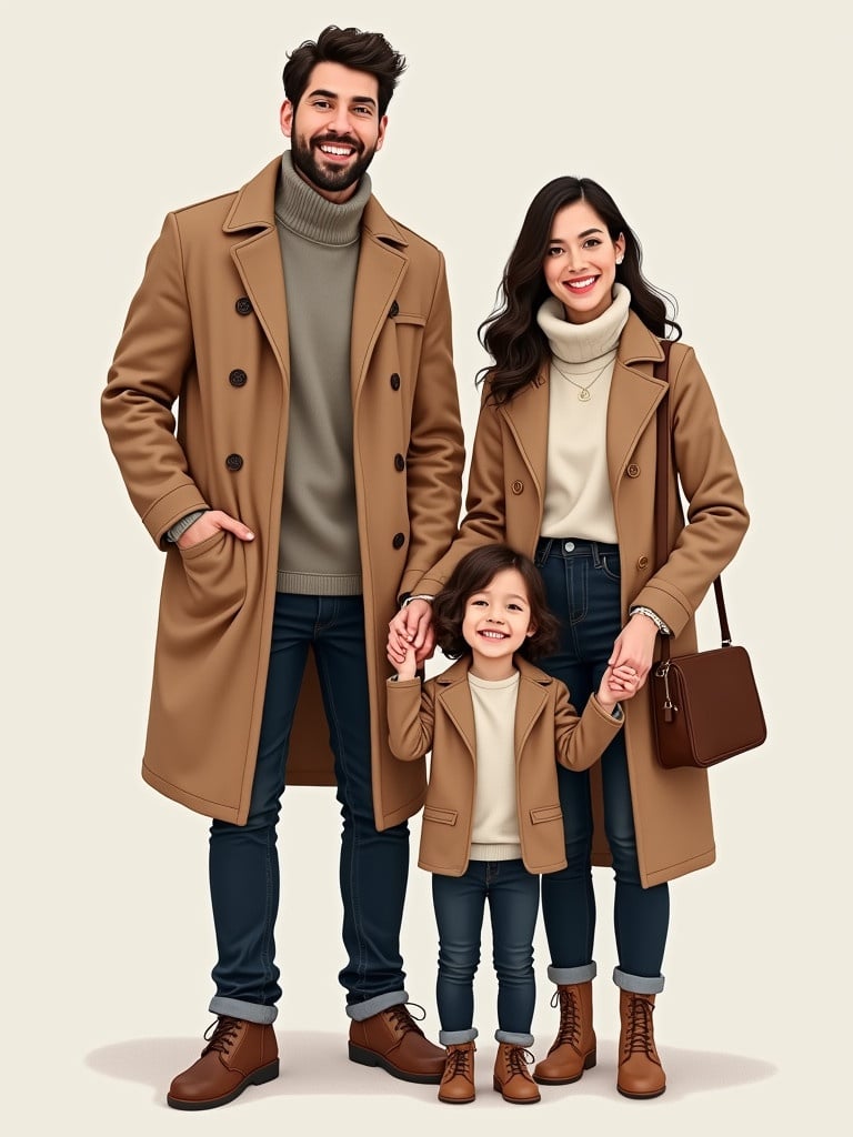 Stylish family standing closely together. Parents in fashionable coats. Children wearing matching outfits. Background is minimalistic. They are sharing smiles and holding hands. Emphasis on coordinated fashion without distractions.