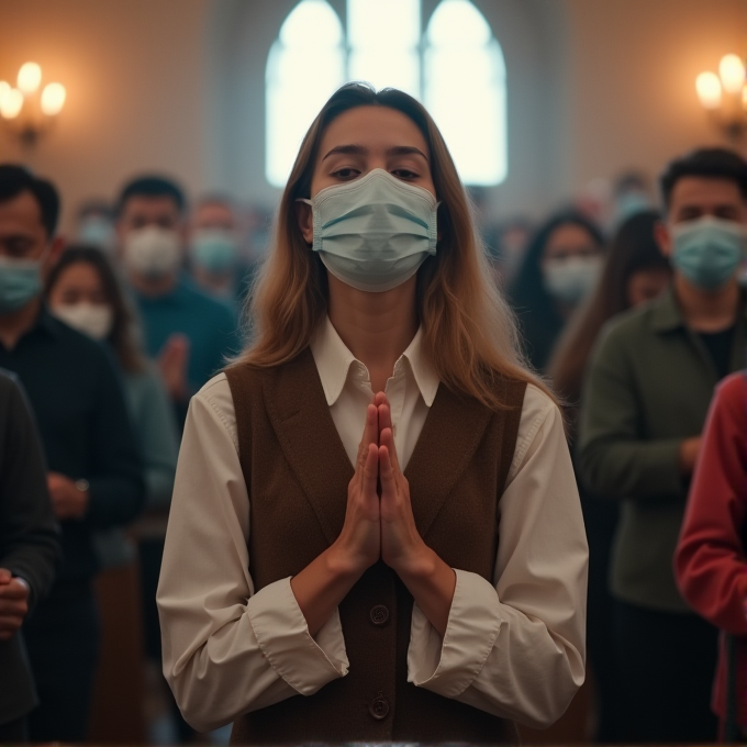 A group of people wearing masks are gathered in prayer in a church setting.