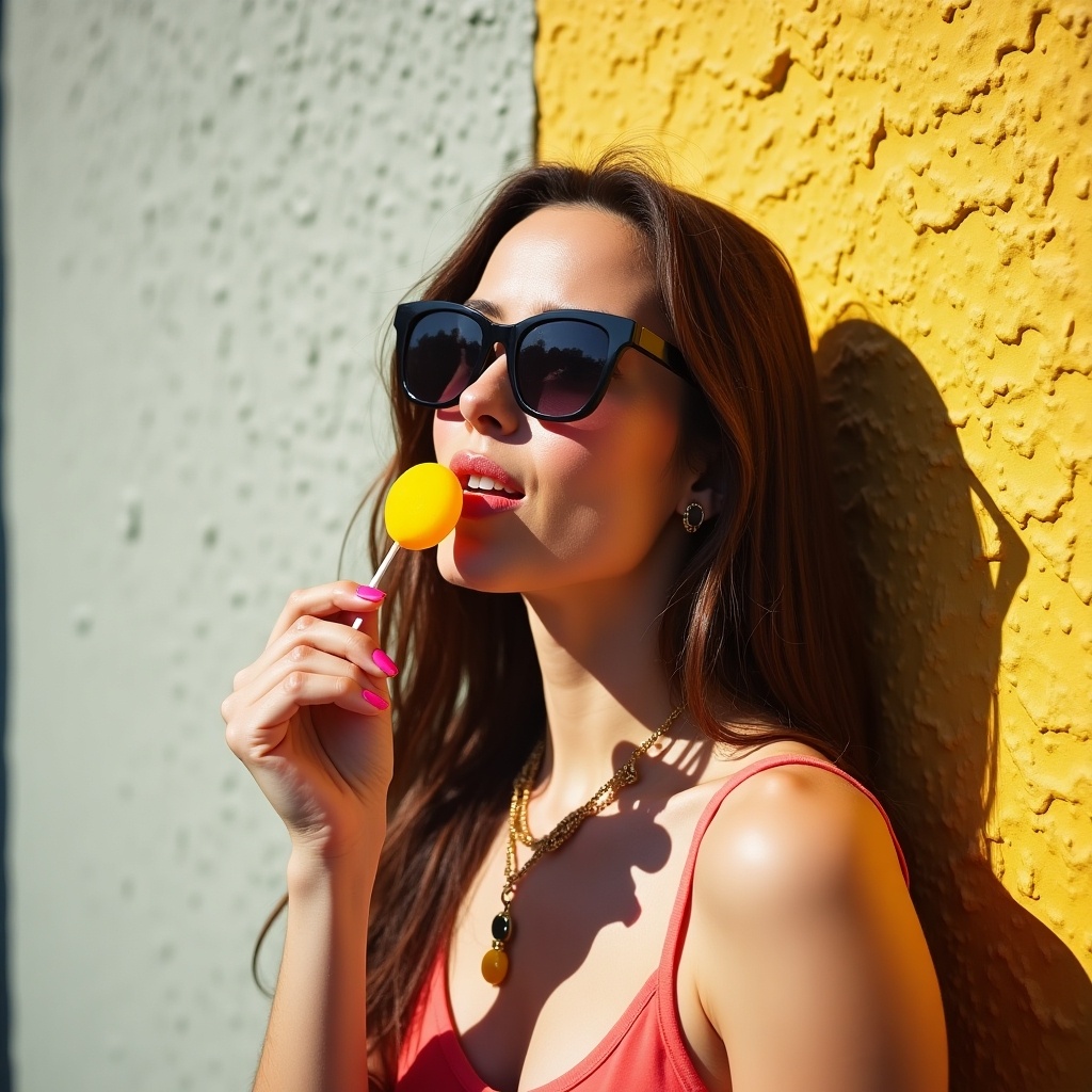 A woman enjoys a lollipop while posing against a textured yellow wall. She wears sunglasses and has long hair. The setting is bright and sunny. She looks fashionable and carefree.