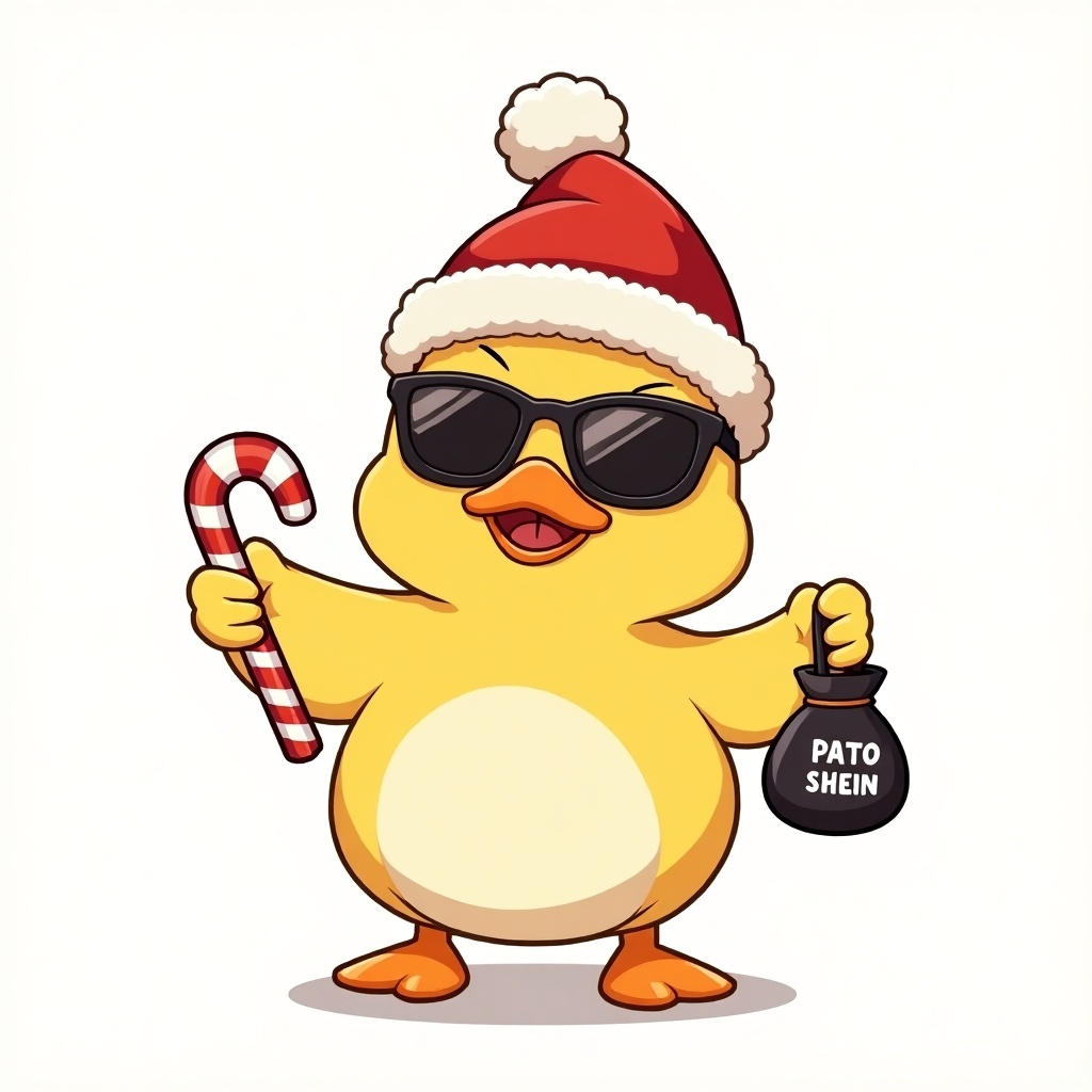 This is a cartoon-style illustration featuring a cute duck character. The duck is donned in a festive Santa hat, complete with a fluffy white pom-pom. It sports dark sunglasses, giving it a cool demeanor. One foot clutches a small black bag labeled 'PATO SHEIN', while the other holds a candy cane. The overall expression exudes confidence and a hint of mischief, contributing to its charm.