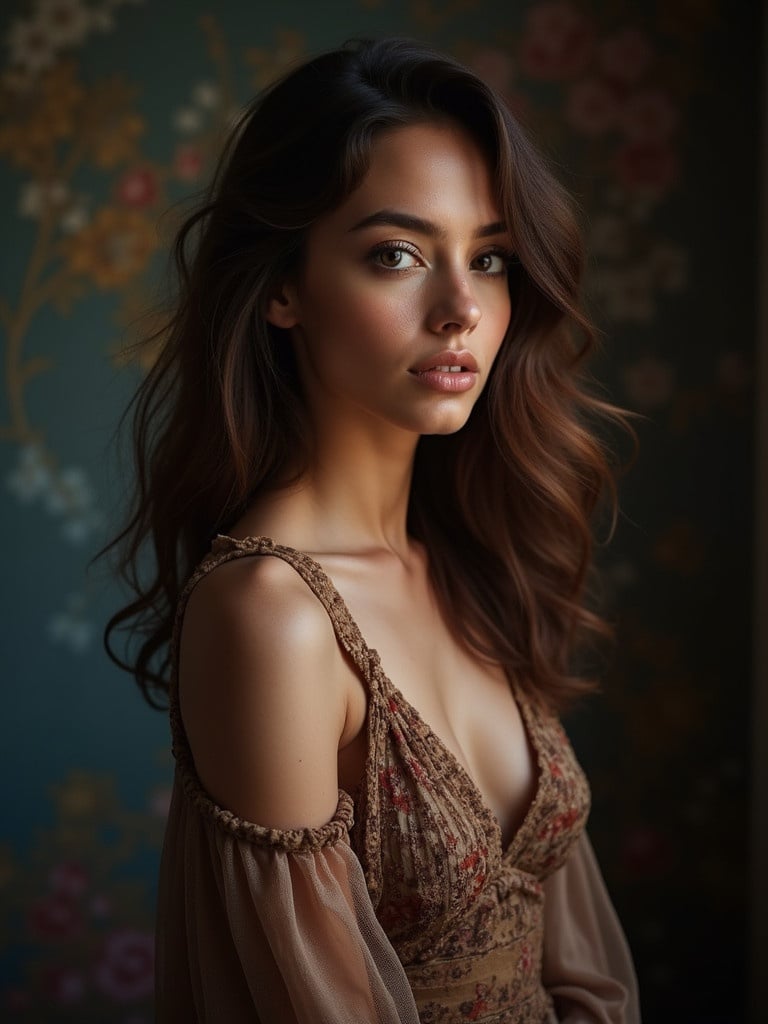 Elegant portrait showcasing a model wearing a vintage floral dress with a soft and warm ambiance. The focus is on the effortless beauty and styling of the model against a decorative background.