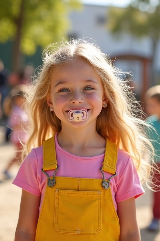 6 year old girl with long blond hair wearing yellow dungarees. Green eyes and pink t-shirt along with a pacifier. Smiling happily in a playground full of kids.