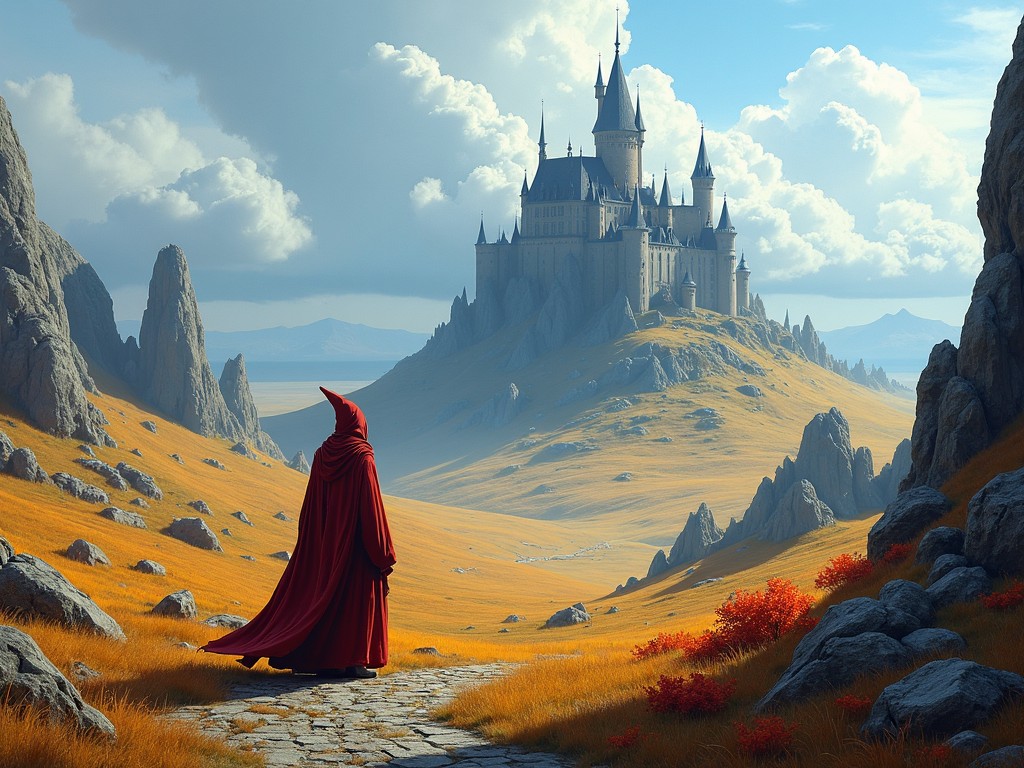 A mysterious figure in a red cloak walking towards a grand castle set in mountainous terrain, in a fantasy illustration style.