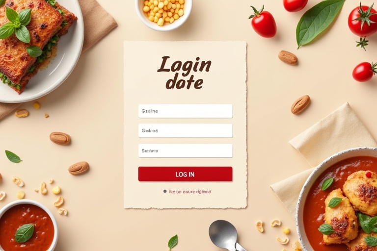 A login page design featuring delicious food. The page includes a login form with placeholders. The background includes various food items like pasta, tomatoes, and herbs. The design is bright and appealing with a modern feel.