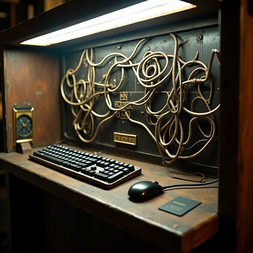 An art installation in a museum features a keyboard and mouse. The display has tangles of metallic cables. Soft light illuminates the exhibit. It references the Enigma machine in a creative manner.