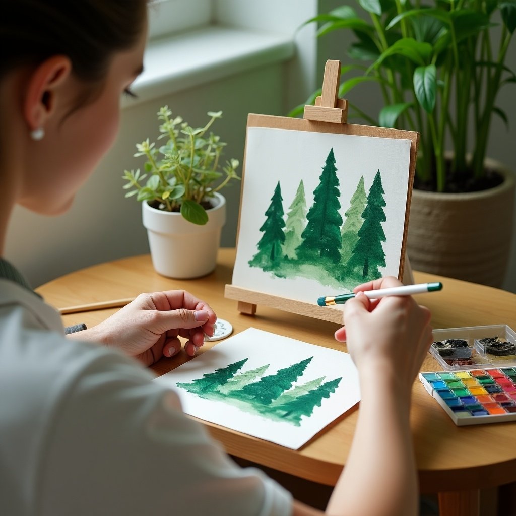 In a cozy indoor setting, a person sits at a wooden table, engaged in painting a picturesque scene of green trees. The artist uses watercolors to create a lush landscape on paper, surrounded by an array of art supplies including a color palette and brushes. Natural light streams in through the window, illuminating the workspace, which is adorned with a small plant and charming trinkets, adding to the warm atmosphere. This moment captures the essence of playful creativity and artistic expression. The focus is on the artist’s intent and the vibrant colors of their work, evoking a sense of tranquility and inspiration.