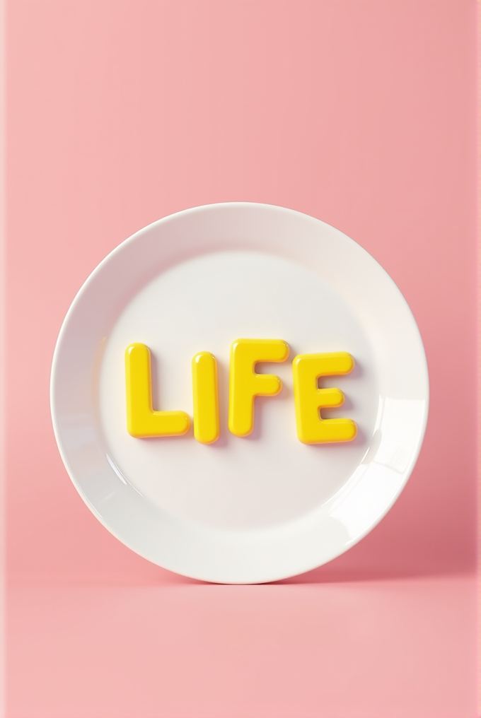 A white plate with the word 'LIFE' in bright yellow letters against a pink background.