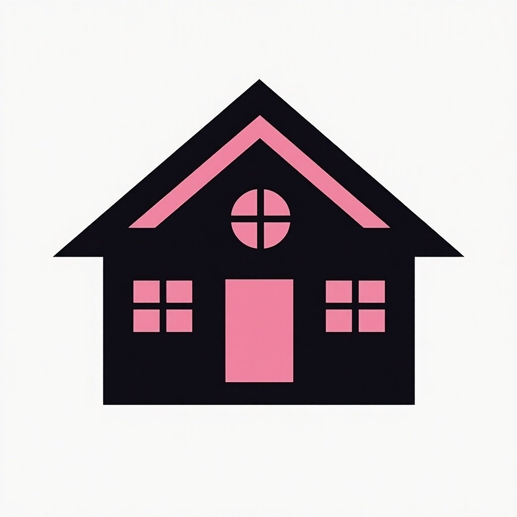 A logo of a house created with a black and pink color scheme. The design is minimalist and focuses on simple shapes.