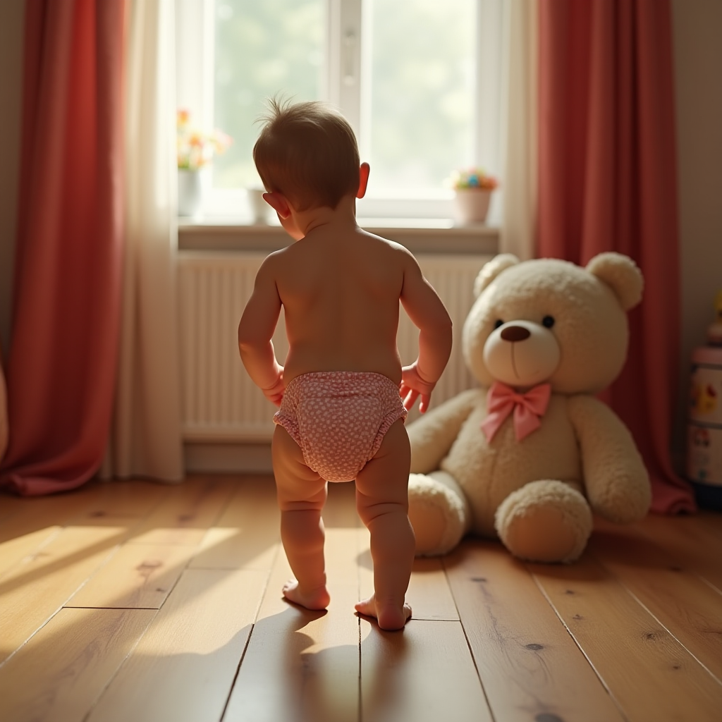 A baby in a diaper stands in a warmly lit room with a large teddy bear nearby and sunlight streaming through a window.