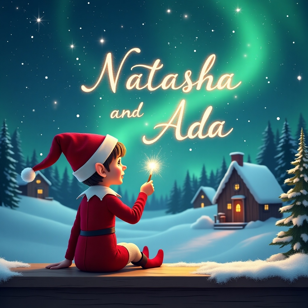 An elf dressed in red sits on a wooden ledge. The elf gazes at the magical sky holding a sparkling wand. Names 'Natasha' and 'Ada' are written in the stars. Background features snowy landscape with houses and evergreen trees under Northern Lights.