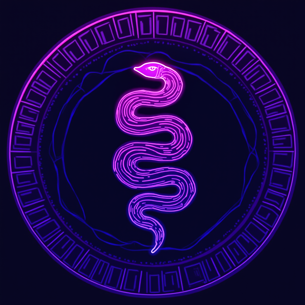 A neon pink and blue snake is coiled within a circular, ornate medallion design against a dark background.