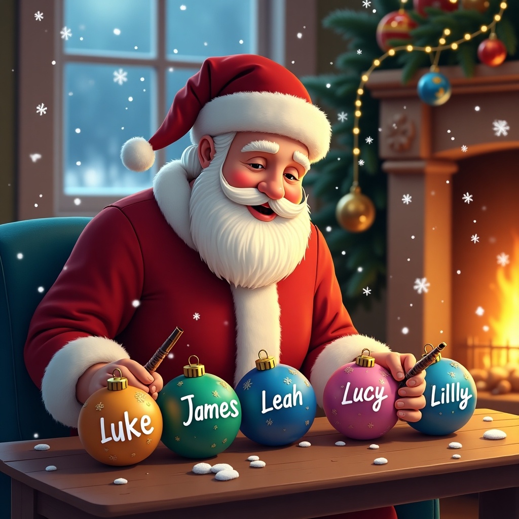 A cheerful Santa Claus is sitting at a table adorned with colorful Christmas baubles. He is focused on painting names on the baubles: 'Luke', 'James', 'Leah', 'Lucy', and 'Lilly'. The scene is cozy, with snowflakes falling softly outside a window and a warm fire flickering in the background. The baubles are various colors, each reflecting a touch of festive cheer. The atmosphere is filled with the joy of the holiday season, as Santa prepares for Christmas. This image captures the spirit of giving and the joy of family during the holidays.