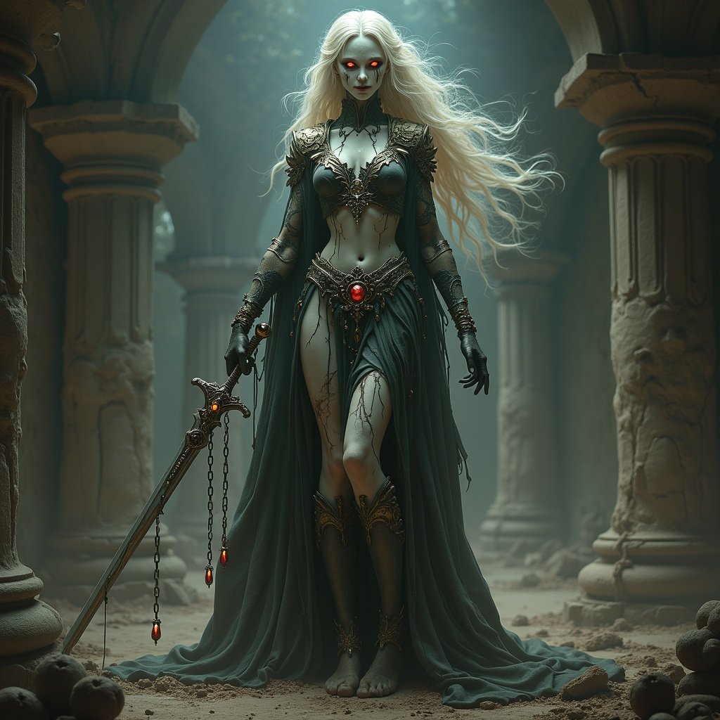 Depiction of an animated female character representing the corrupted royalty. Character has pale cracked skin glowing with cursed energy. Tattered ornate royal garments, faded and torn. Features corrupted armor and floating crown fragments. Surrounded by a dark aura, wielding decay magic. Dark throne room background, reflecting lost power.