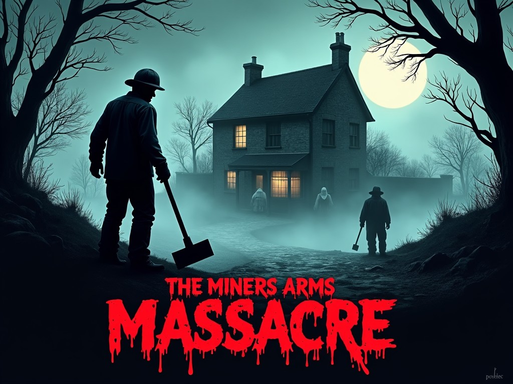 An eerie and moody horror movie poster for 'The Miner's Arms Massacre'. The scene depicts silhouetted figures in front of a misty, ominous house under a full moon. The title is displayed in blood-red, dripping letters, creating a sinister and suspenseful atmosphere.