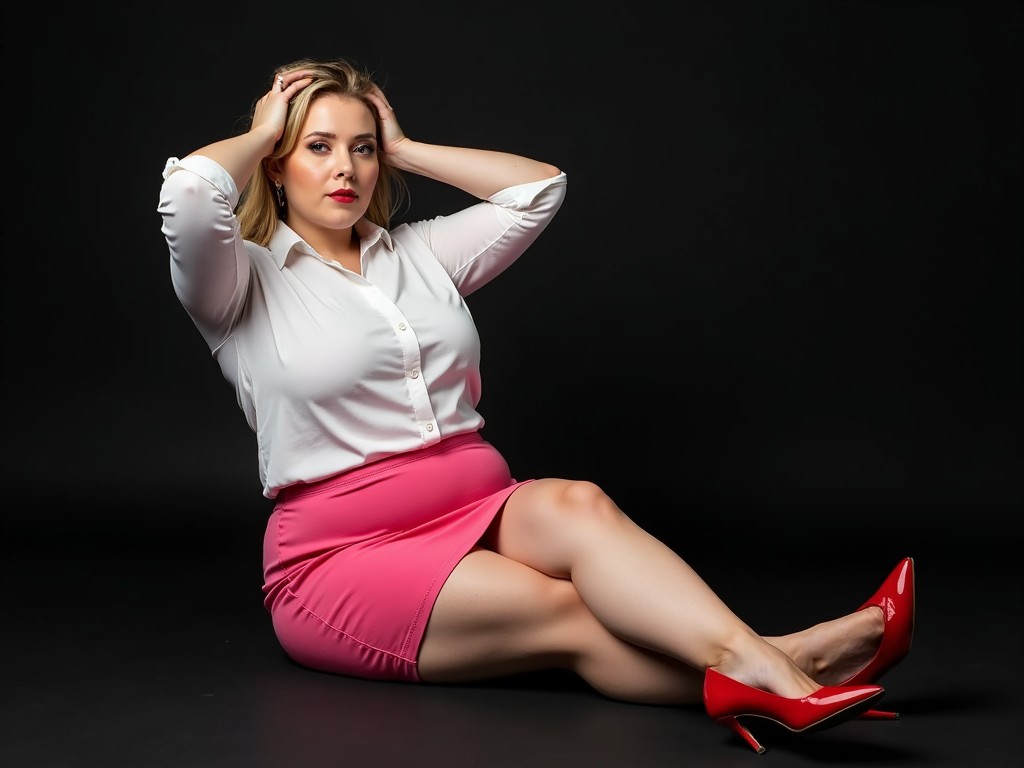 The image features a confident woman seated against a dark background. She is wearing a white blouse and a vibrant pink skirt, complemented by bright red high heels. Her pose is poised, with her hands elegantly placed near her head, and a composed expression on her face.