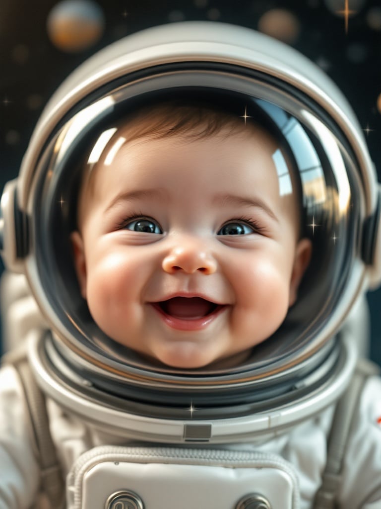 Close-up of a baby astronaut's face. Soft focus on chubby cheeks and bright eyes. Reflective helmet shows the word Quest. Background is a gentle blur of outer space with stars and planets.