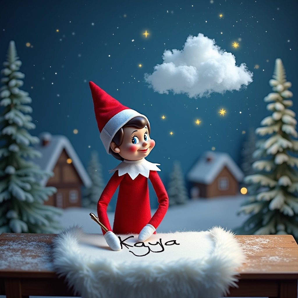 A charming Elf on the Shelf is sitting at a wooden table, writing names on a fluffy white cloth. The elf is dressed in a classic red outfit with a white collar and a pointy red hat, exuding a cheerful demeanor. Soft snowflakes are falling around, creating a whimsical winter atmosphere. The background is a deep blue, enhancing the festive mood. Sparks of fairy lights and stars can be seen in the air, adding a touch of magic to the scene. The elf is using a wand to write 'Kayla' in the clouds, facing the sky. Snow-covered trees frame the scene, and a cozy village is visible in the distance. The ambiance is filled with holiday joy and wonder, perfect for a children's Christmas theme.