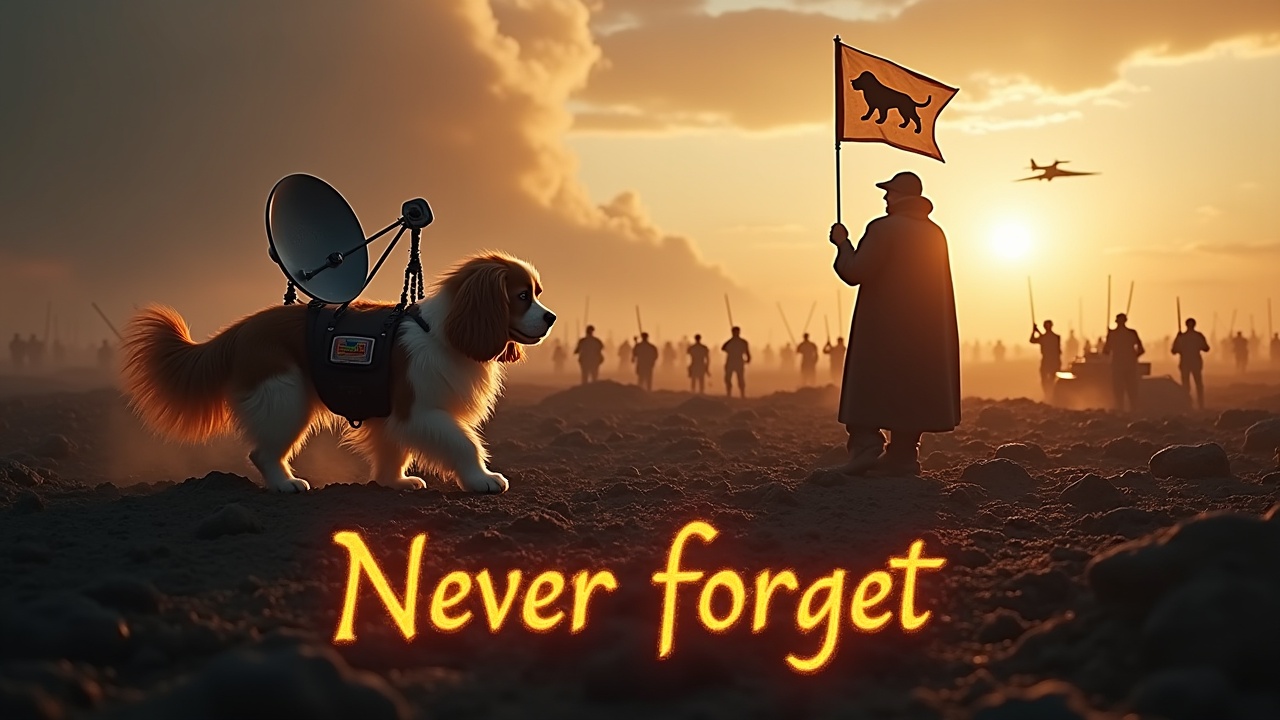 In a dramatic and awe-inspiring scene, a fluffy brown and white cavalier king charles spaniel walks across a dark, desolate battlefield. There is a radar dish strapped to its back. Nearby, a figure wearing a cloak stands valiantly holding a flag with a dog emblem. In the background are soldiers holding rifles as well as tanks, barely visible among the shadows. The sky is lit by the bright radiance of the sun. A jet fighter passes overhead. At the bottom, the bold text 'Never forget' is displayed in fiery writing.