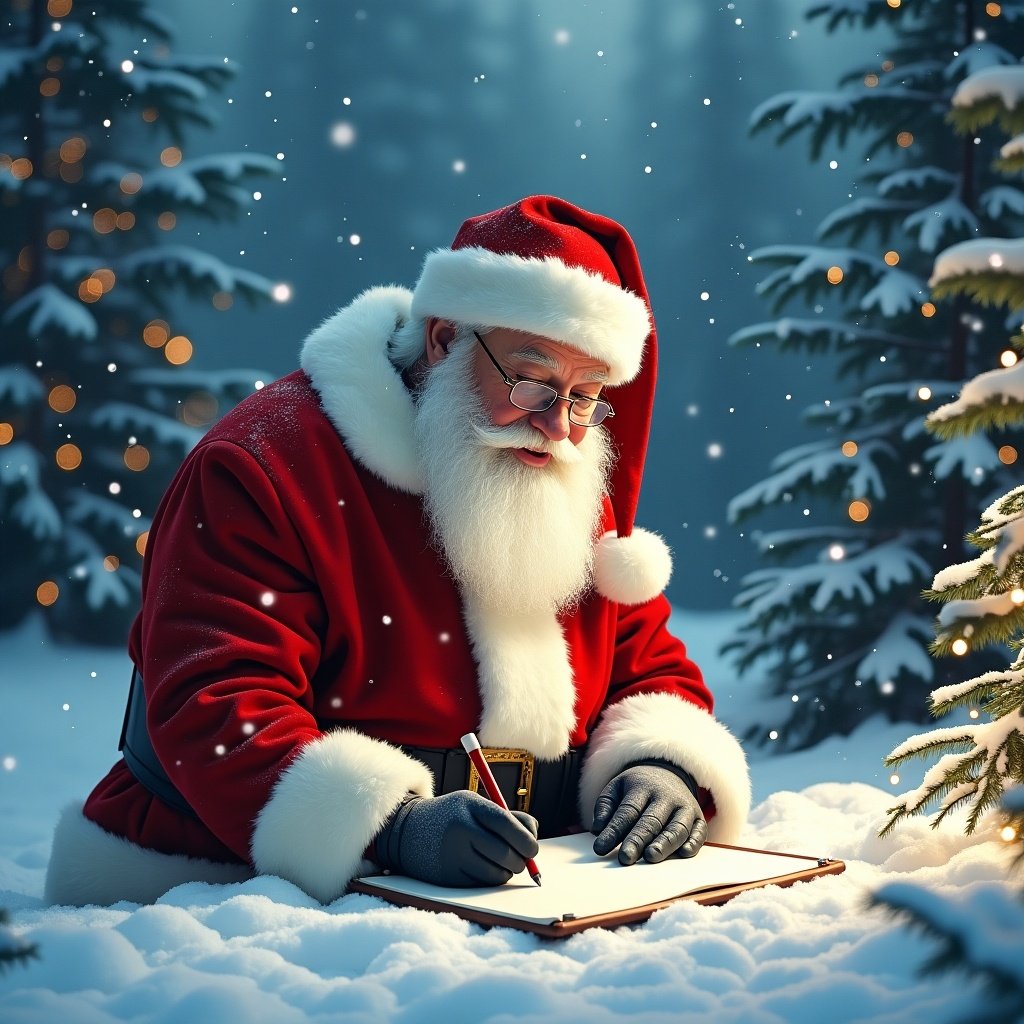 Santa Claus writes a letter surrounded by fresh snow. Scene depicts a festive holiday atmosphere with snowflakes.