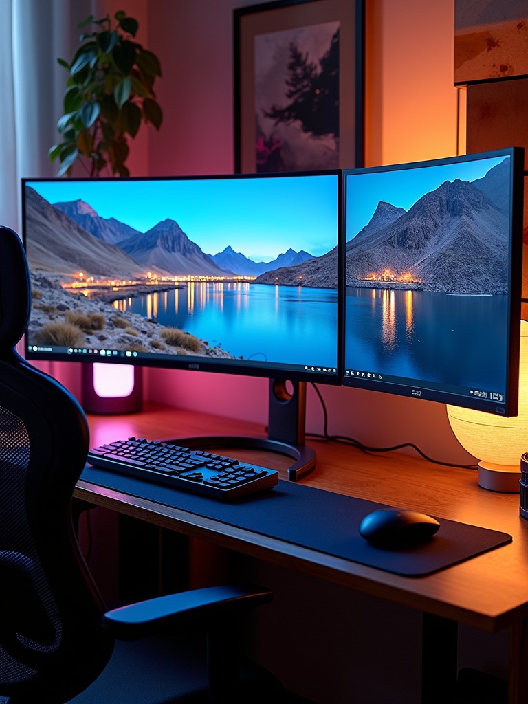 Triple monitor setup featuring two 27 inch curved monitors and a 25 inch flat screen. The middle monitor is curved. The setup is modern and stylish with ambient lighting. The desktop has a wireless keyboard and a mousepad. The background has a plant and artwork on the wall. The monitors display a scenic landscape with vibrant colors.