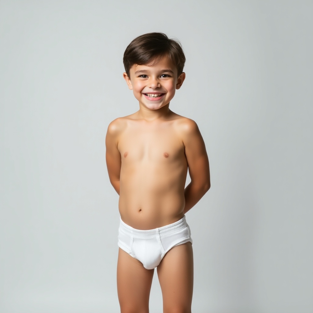 A young boy stands upright against a light gray background. He is wearing white underwear. He has a natural smile. The lighting is soft and even. The boy's pose is confident and relaxed.