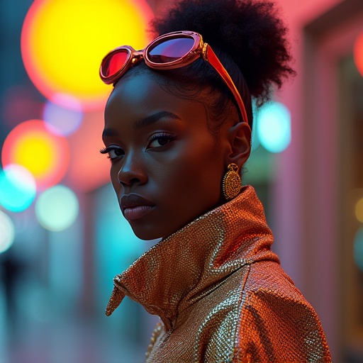 Futuristic avant-garde couture with luxury elements. A stylish model captures attention in an alternate reality with vibrant colors and striking accessories. The scene exudes high fashion and edgy streetwear vibes with a galactic twist.