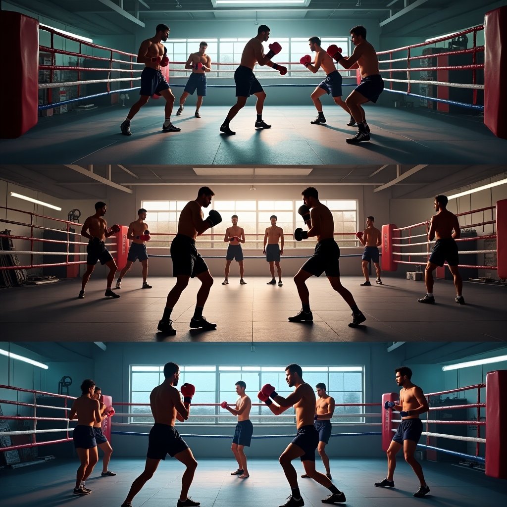 Image shows three boxing training sessions in a gym. Boxers practice defense and counterattacks. Another session focuses on offensive moves, angles, and pressure strategies. Final session simulates styles of professional boxers. Dynamic action captured in a well-lit environment.