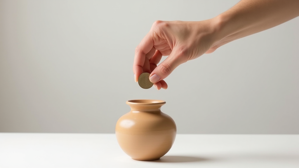 A hand is about to place a coin into a small, round, clay pot against a neutral background.