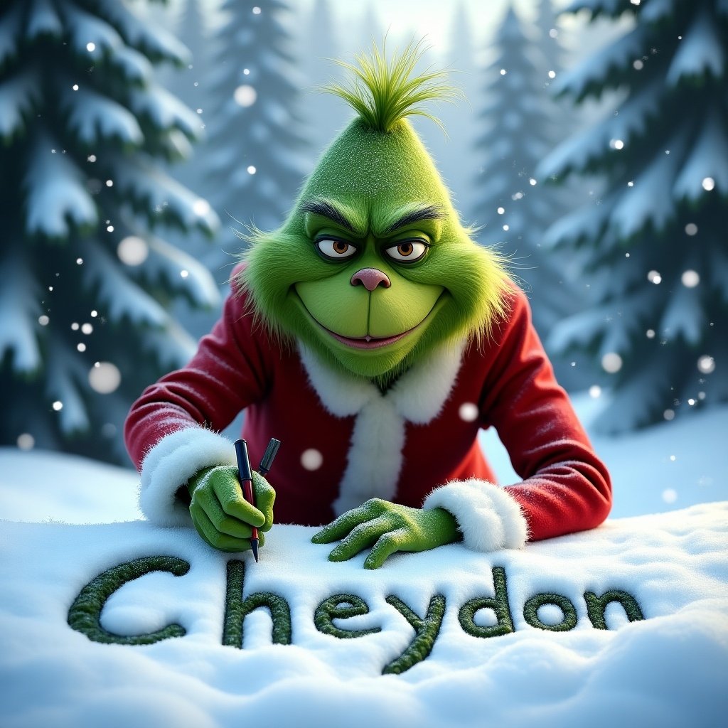 The Grinch in traditional suit writes in the snow. A smile is on his face. Snow falls gently around him. The name 'Cheydon' is inscribed in fresh snow. Tall, snow-covered trees surround the scene. The image captures the festive season and Grinch magic.