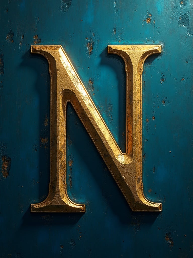 Golden letter N on a blue and teal background. Styled after ancient Roman design. Highly polished look. Reflects a sense of luxury and elegance. Could be used for branding or art projects. Inspiration drawn from fantasy themes and gaming.