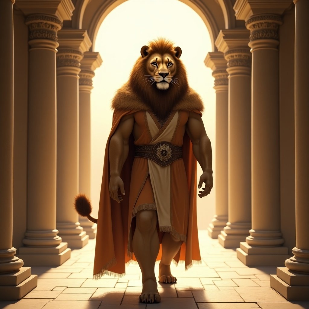 Majestic anthropomorphic lion walking in a grand architectural setting. Lion has a magnificent mane and wears an elegant robe. Light flows through the arches. Surrounding pillars enhance the grandeur. Scene evokes power and nobility.