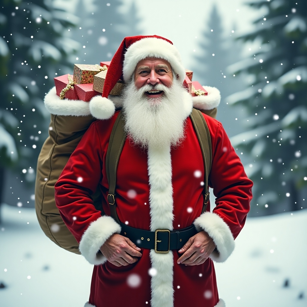 Happy Father Christmas standing in a snowy forest. Carrying a large bag filled with gifts. Dressed in a traditional red suit with white fur trim. Snowflakes falling around him.