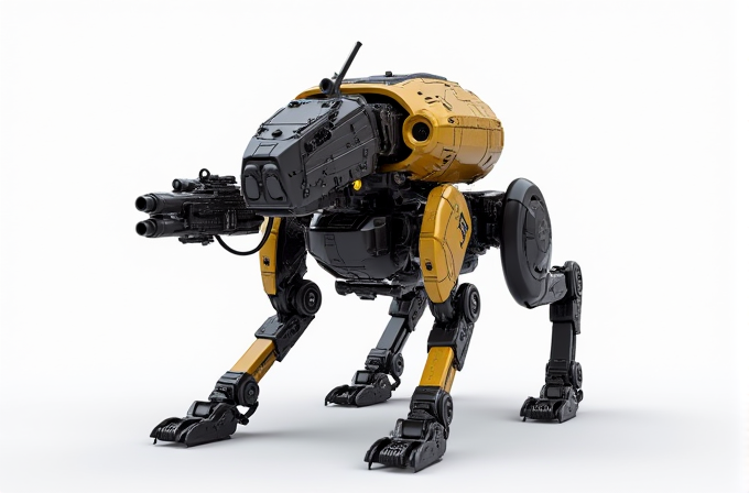 A yellow and black robotic dog equipped with advanced weaponry.