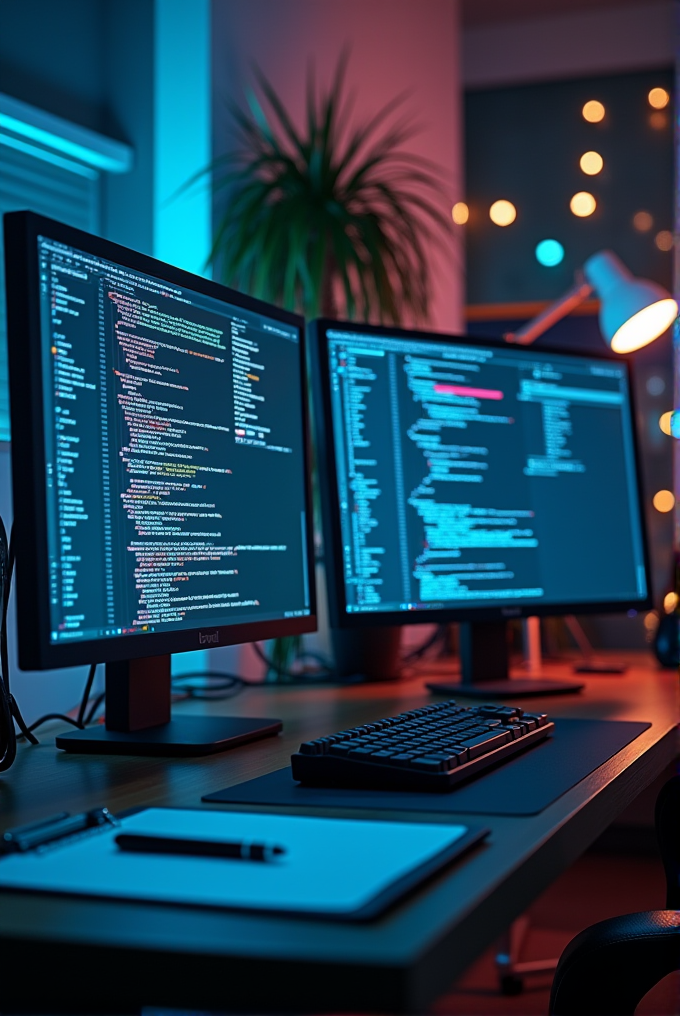 A setup with two monitors displaying code, a keyboard, and a notepad on a desk, with soft ambient lighting and a plant in the background.