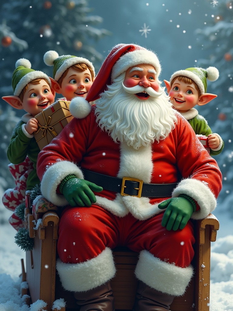 Santa Claus sits in a sleigh. Joyful expression. Elves hold a bag filled with presents. Snow falls gently around them.