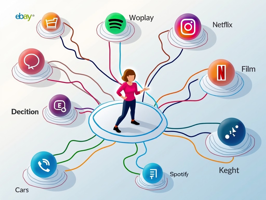 A digital illustration of a person connected to various social media and digital service platforms, depicted as colorful icons surrounding them.