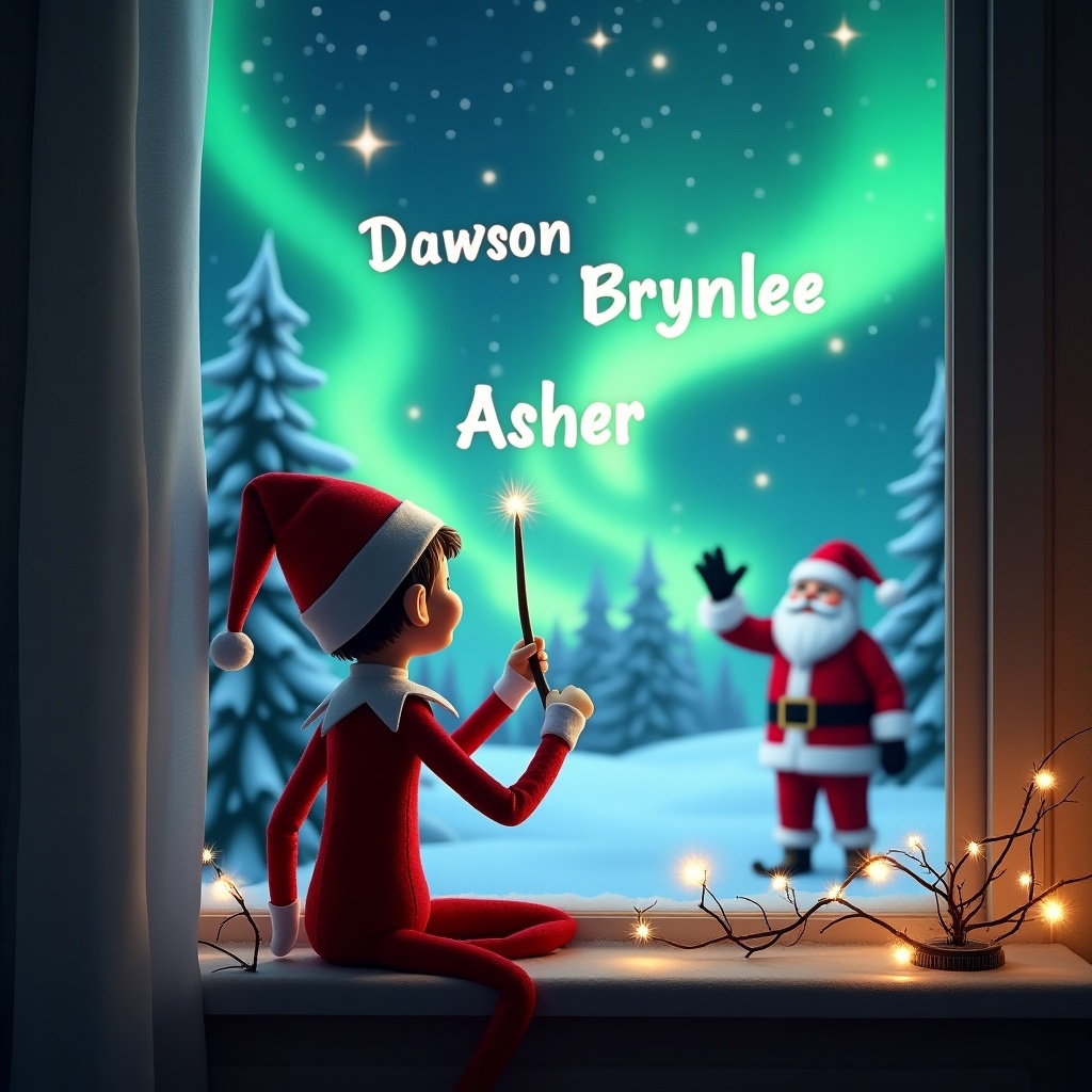 The image depicts an elf on the shelf sitting by a window with his back to the viewer. He is facing a magical Christmas scene with vibrant northern lights. The elf is using a wand to write the names 'Dawson', 'Brynlee', and 'Asher' in the sky. In the background, Santa Claus can be seen waving. The scene is full of snowy trees and a cozy atmosphere that captures the spirit of the holiday season.