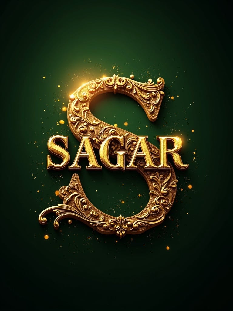 Richly embellished golden letter 'SAGAR' with intricate designs. Set against a dark green background. Features glowing particle effects.